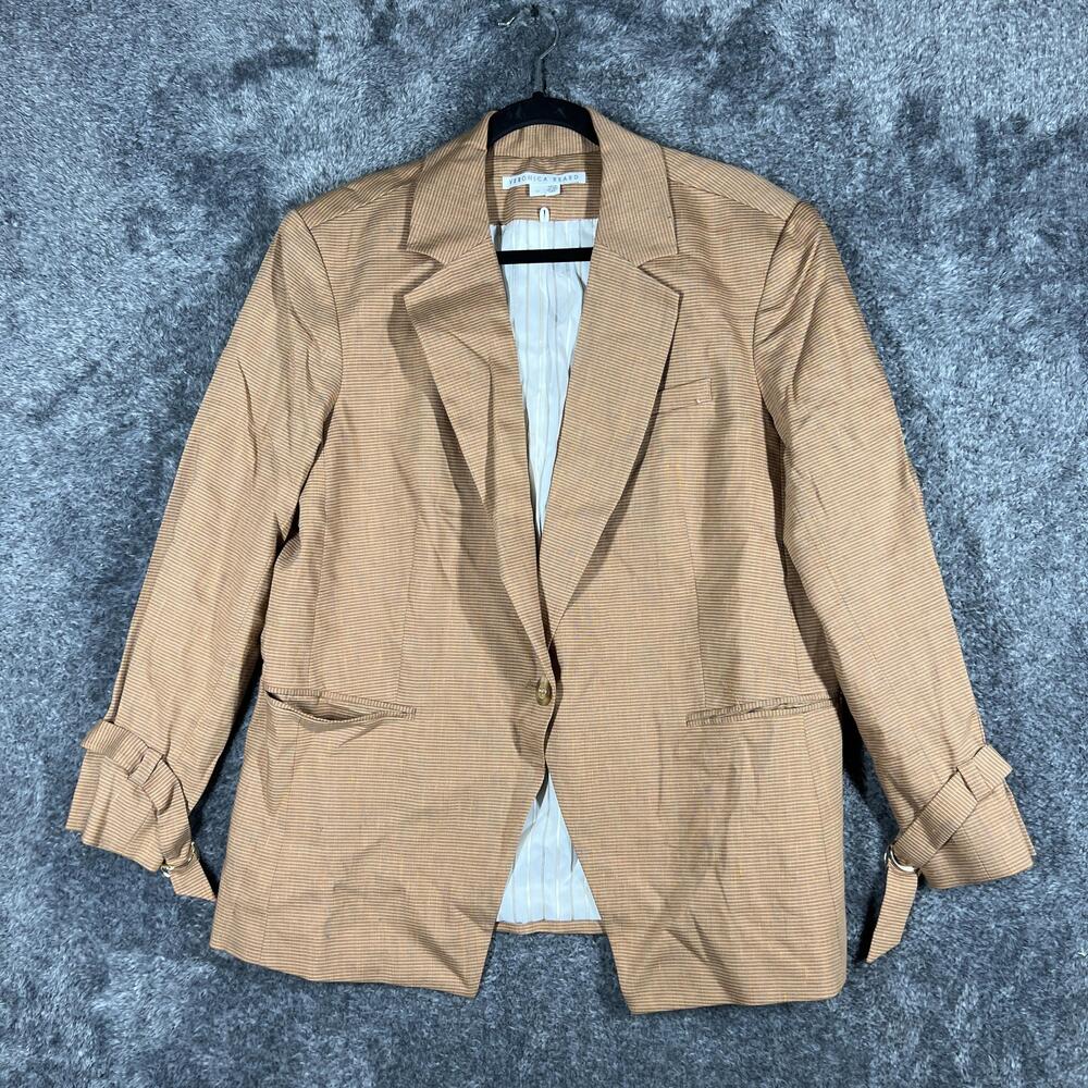 VERONICA BEARD Blazer Womens 14 Beige Check Linen Tweed Lined Pockets Collared